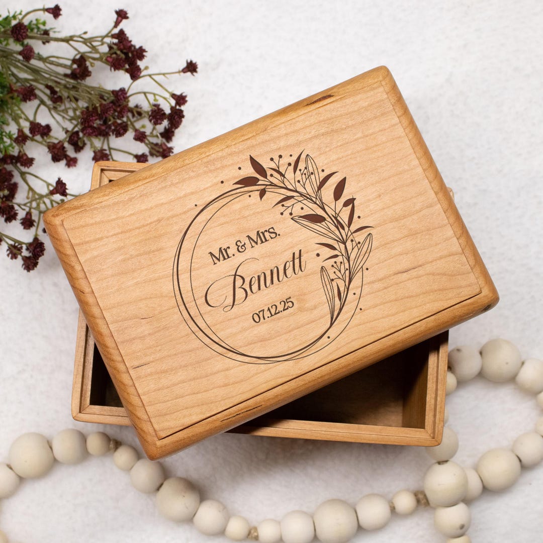 Personalized Wedding Memory Box – Engraved Floral Cherry Wood Keepsake ...