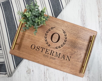 Personalized Serving Tray with Handles | Engraved Decorative Tray | Monogram Wood Serving Tray | Housewarming Gift for New Homeowners