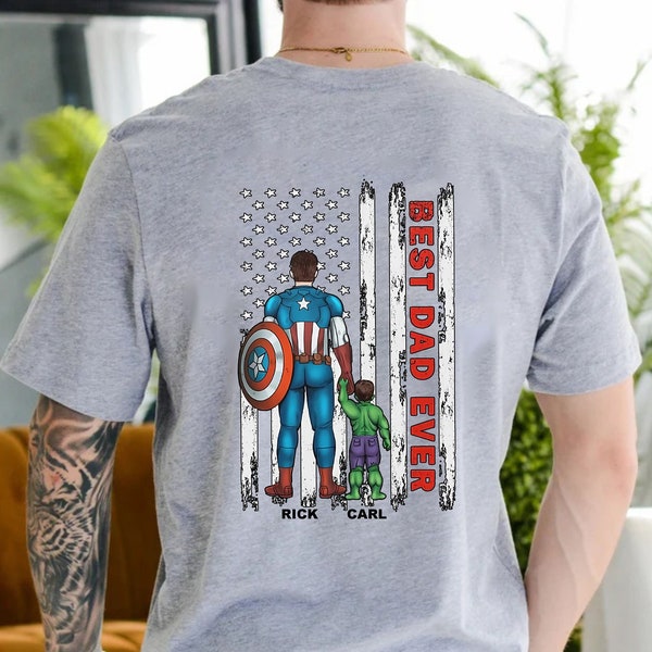 Custom Best Dad Ever Tshirt, Personalized Superhero Dad Shirt, Fathers Day Gift, Dad And Son Name Tee, Dad Birthday Gift, Captain America