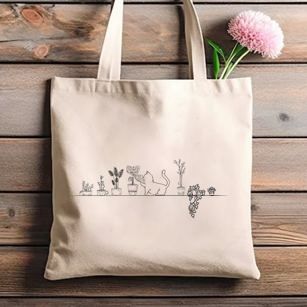 Cat and Plants Tote Bag, Cat Mom Gifts, Cat Lover Tote Bag, Plant Lady, Plant Lover Gifts, Plants and Cat Tote Bag, Pet Owner Canvas Tote