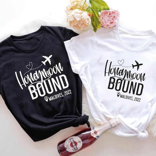 Honeymoon Bound Shirt, Customized Honeymoon Tshirt, Honeymooners Outfit, Lovers Vacation, Personalized Matching Couple Tees, Just Married