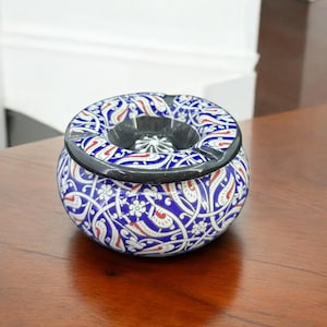 Handmade Ceramic Ashtray, Blue & White Turkish Floral Smoking Tray, Artisan Pottery Accent