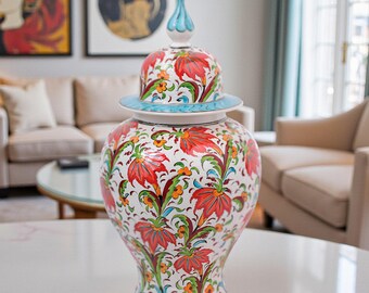 Tarro de cerámica pintado a mano con tapa, bote de cocina floral, detalle decorativo de cerámica