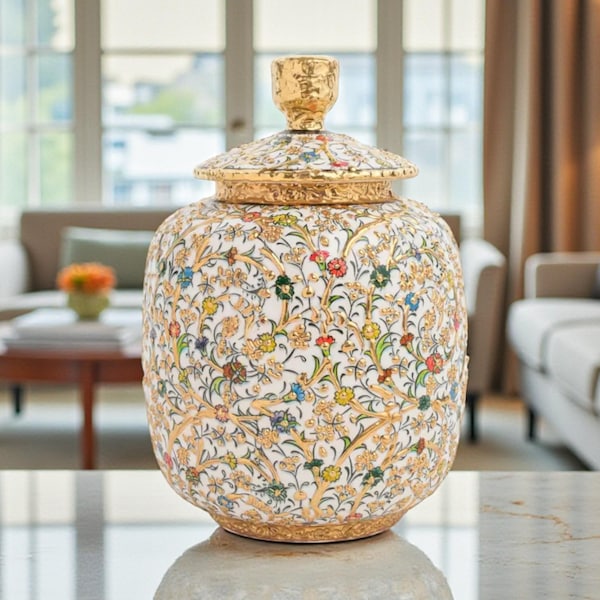 Tarro de cerámica esmaltada con tapa hecho a mano, tarro decorativo floral pintado a mano, decoración de mesa con detalles dorados para el hogar.