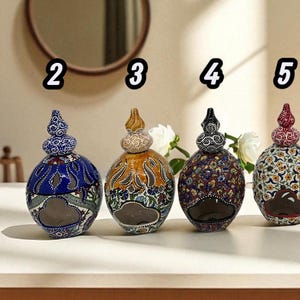 Hand-Painted Ottoman Floral Ceramic Candle Holder | Glazed Tealight Lantern | Boho Home Decor Accent image 3