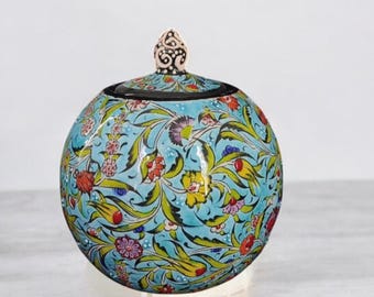 Handmade Turquoise Ceramic Sugar Jar with Lid, Hand-Painted Decorative Kitchen Canister, Glazed Storage Jar