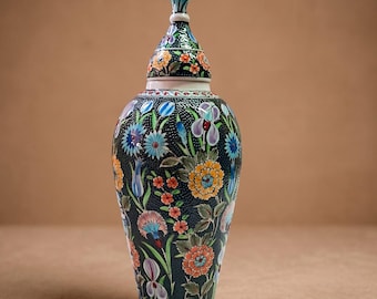 Handmade Black Turkish Ceramic Ginger Jar with Lid, Floral Ottoman Decorative Vase