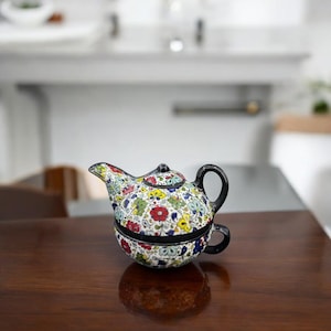 Handmade Ceramic Tea Set: Turkish Floral 2-in-1 Teapot & Cup