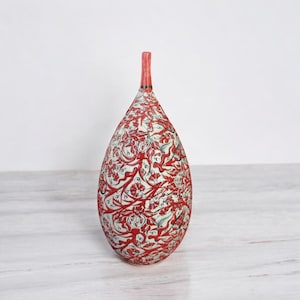 Handmade Red Ceramic Vase: 12&quot; Embossed Floral Pottery