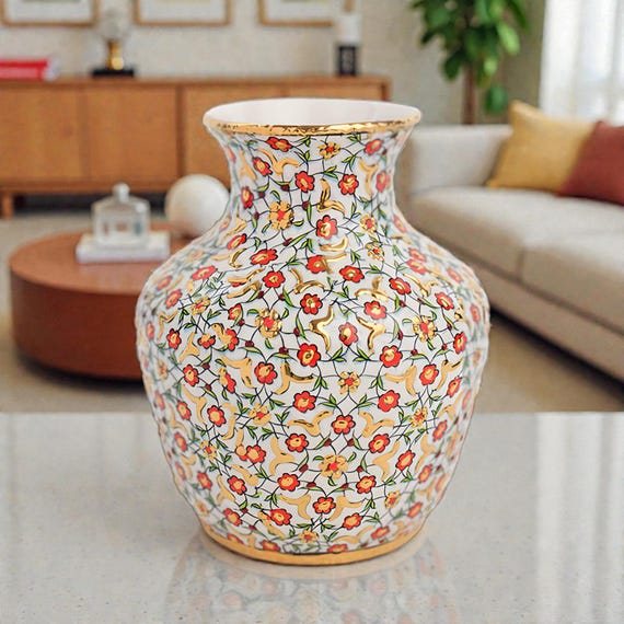 手描き花柄 陶器製 壺 花瓶 手描きの陶器製花瓶、赤い花柄、金色の装飾 - Etsy 日本