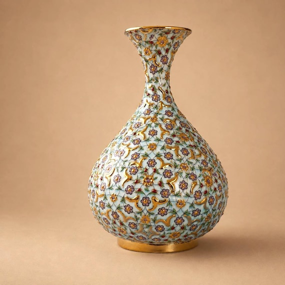 Handmade Turkish Ceramic Vase, 24k Gold Gilded Floral Details, Hand Painted Home Decor