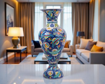 May include: A tall, ornate blue ceramic vase with a flared top and base. The vase is decorated with colorful floral patterns in red, yellow, and turquoise. The vase is approximately 18 inches tall.
