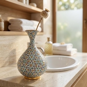 Pu&ograve; includere: Un vaso in ceramica a forma di pera con base bianca e intricati motivi floreali nei toni del rosa, verde e oro. Un singolo baccello di papavero essiccato sporge dal collo stretto del vaso, che poggia su una base circolare color oro.