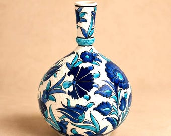 Hand-Painted Turkish Ceramic Vase, White Blue Floral Pottery Decor (20cm/7.8")