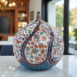 Op de afbeelding: Een decoratieve keramische vaas met een bolle vorm en een smalle hals. De vaas heeft een gedetailleerd bloemmotief in blauwe, oranje en rode tinten op een witte achtergrond. Donkerblauwe banden met gouden stippen accentueren het ontwerp, wat een opvallend contrast creëert.