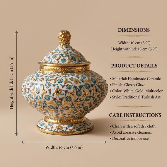 Handbemaltes Keramikgefäß mit Deckel und Blumenmuster, osmanisch inspirierte türkische Keramik, dekorative Dose mit Echtgolddetails