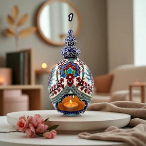 Hand-Painted Ottoman Floral Ceramic Candle Holder | Glazed Tealight Lantern | Boho Home Decor Accent 1