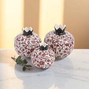 3 Piece Ceramic Pomegranate Set, Red Floral Handmade Decorative Ornament, Turkish Iznik Style Home Decor