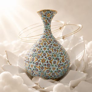 Pu&ograve; includere: Un vaso azzurro con collo stretto e corpo bulboso, decorato con un motivo intricato di piccoli fiori viola, viticci verdi e accenti dorati. Sottili anelli di filo d'oro circondano il collo del vaso, aggiungendo un dettaglio delicato.