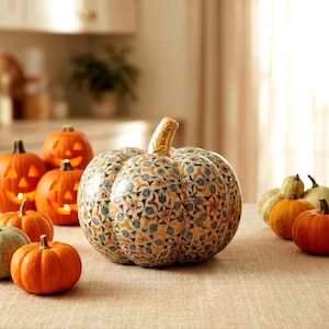 Op de afbeelding: Een decoratieve keramische pompoen met een gedetailleerd blauw en oranje bloemenpatroon over het oppervlak, bekroond met een metallic gouden steel. De pompoen wordt omringd door diverse kleinere, effen oranje en groene pompoenen, waaronder twee uitgesneden lantaarns.