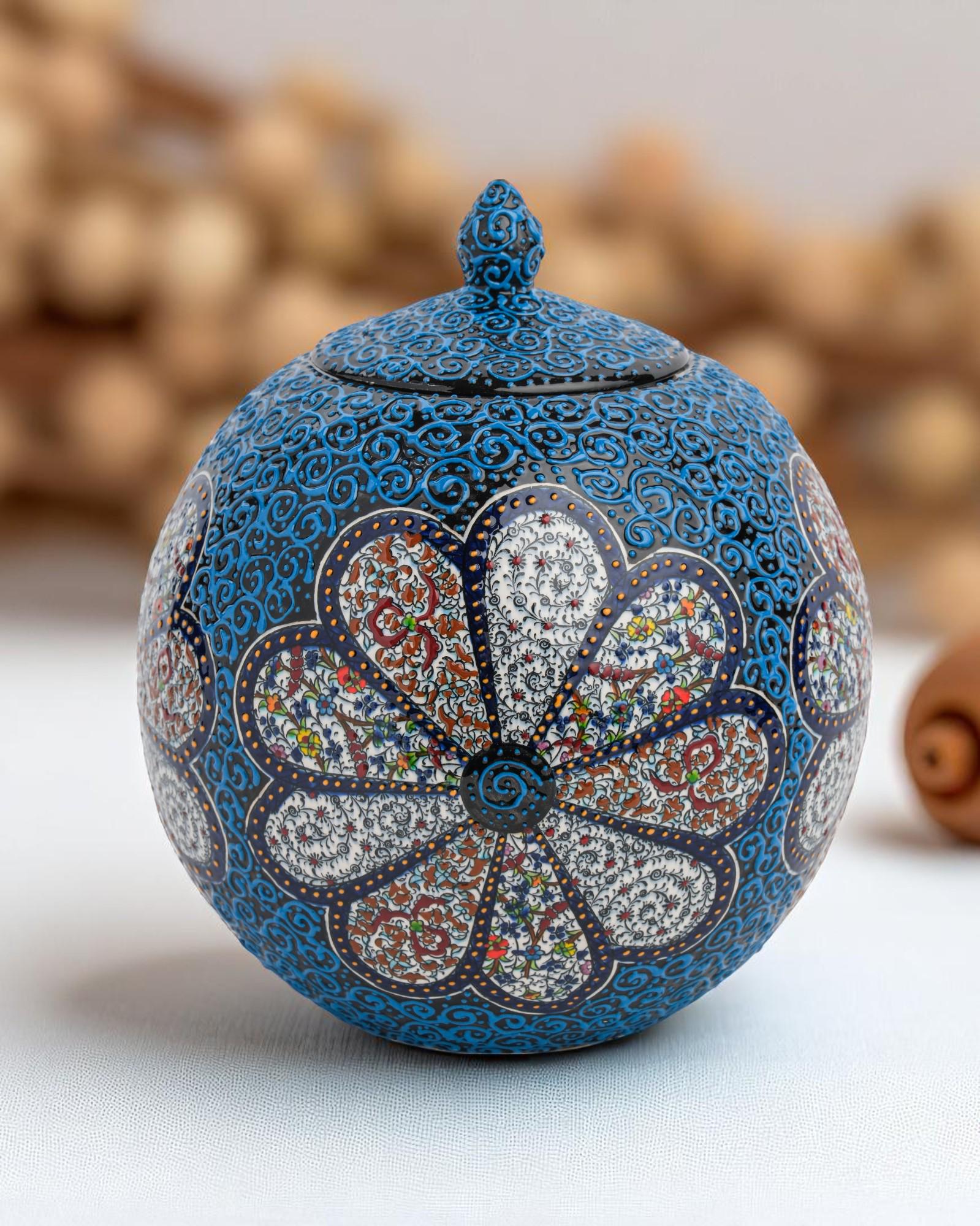 手作りのトルコ製陶器装飾壺 | コバルトブルーの花柄オスマン陶器