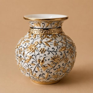 May include: A white ceramic vase with a rounded body and a flared rim, featuring an intricate pattern of black swirling vines and raised metallic gold floral motifs that cover the entire exterior surface, including a decorative gold band at the neck.