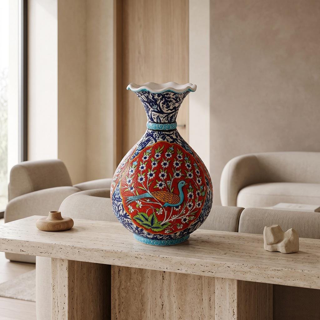 Handmade Ceramic Peacock Vase, Traditional Turkish Pottery Table