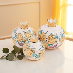 3 Piece Pomegranate Set, Handmade Ceramic Decor, 24K Gold Pomegranate Ornament, Turkish Pottery Gift, Luxury Home Decoration