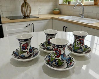 Conjunto de xícara e pires de chá turco pintado à mão, cerâmica floral, feito à mão