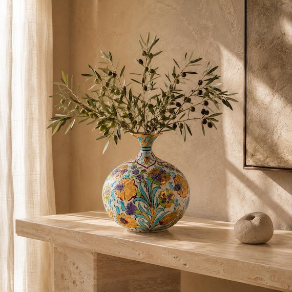 Handmade Ceramic Vase with Gold Leaf Accent, Ottoman Turkish Floral Pottery Decor 30cm