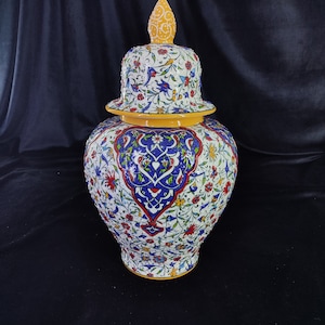 handmade ceramic vase,turkish vase with lid,ottoman ceramic vase,embossed floral vase,home decor vase,gift for her,12 inch vase