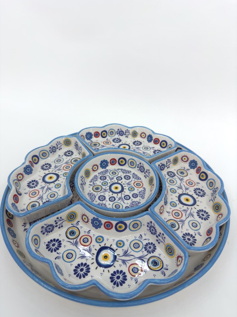 Ensemble apéritif et petit-déjeuner turc fait main en céramique, 5 assiettes peintes à la main avec grand plateau de service image 2