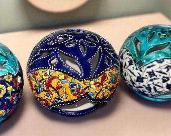 Handmade Turkish Ceramic Candle Holder, Floral Tealight Lantern, Decorative Candle Decor