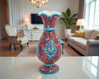 Handmade Red & Blue Ceramic Vase 30 cm – Floral Pottery Accent for Tabletop,Home Decor
