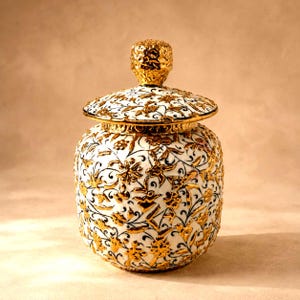 Può includere: Un barattolo in ceramica bianca con coperchio, caratterizzato da un intricato motivo di viticci neri e motivi floreali dorati in rilievo. Il coperchio è sormontato da un pomello dorato testurizzato. Il barattolo ha un corpo rotondo e lucido.