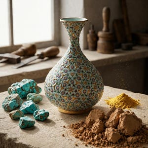 Pu&ograve; includere: Un vaso in ceramica azzurro chiaro con collo stretto e base larga, decorato con un motivo ripetitivo di piccoli fiori viola e foglie dorate. Il vaso &egrave; circondato da pietre di turchese grezze e mucchi di polvere gialla e marrone.