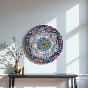 May include: A round ceramic wall plate featuring a complex, symmetrical pattern with a central floral medallion in shades of blue, red, yellow, and white, surrounded by a dark blue border with intricate, repeating floral and vine motifs.