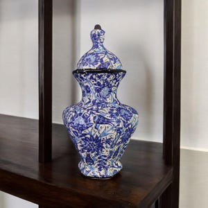 Hand-Painted Ottoman Ceramic Vase with Lid: Blue Floral Geometric Design