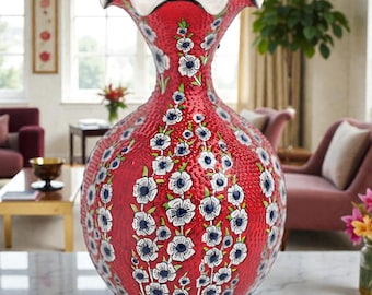 Hand-Painted Red Floral Vase • Turkish Ceramic Pottery, 20cm