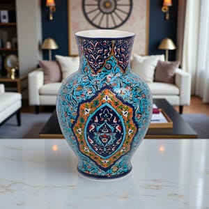 May include: A decorative ceramic vase with a wide body and a narrow neck. The vase features a detailed, colorful pattern in shades of blue, orange, and white. The design includes floral and geometric elements. The vase is displayed on a white surface.