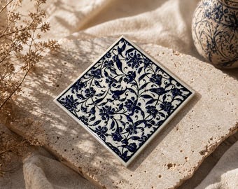 Handmade White Blue Ceramic Tile, Blue White Floral Turkish Ceramic Coaster