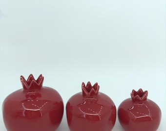 Handmade Glazed Ceramic Pomegranate Decor Set, Red Sculpture