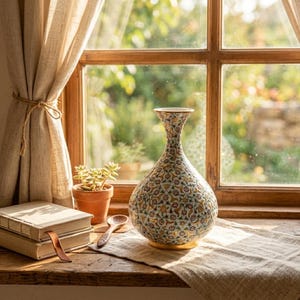 Pu&ograve; includere: Un vaso in ceramica con collo stretto e corpo bulboso, caratterizzato da un intricato motivo floreale ripetuto nei toni del blu, rosso e oro. Il vaso poggia su una superficie in tessuto chiaro accanto a una piccola pianta grassa e due libri impilati.
