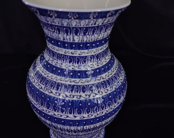 Jarrón de cerámica pintado a mano, cerámica geométrica azul y blanca, 18 cm (7 pulgadas) para decoración del hogar.