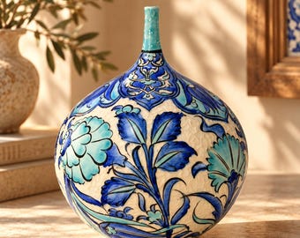 May include: A round ceramic vase with a narrow neck, featuring a cream-colored base with a textured surface. The vase is decorated with hand-painted floral patterns in shades of cobalt blue, light blue, and turquoise, covering the exterior.