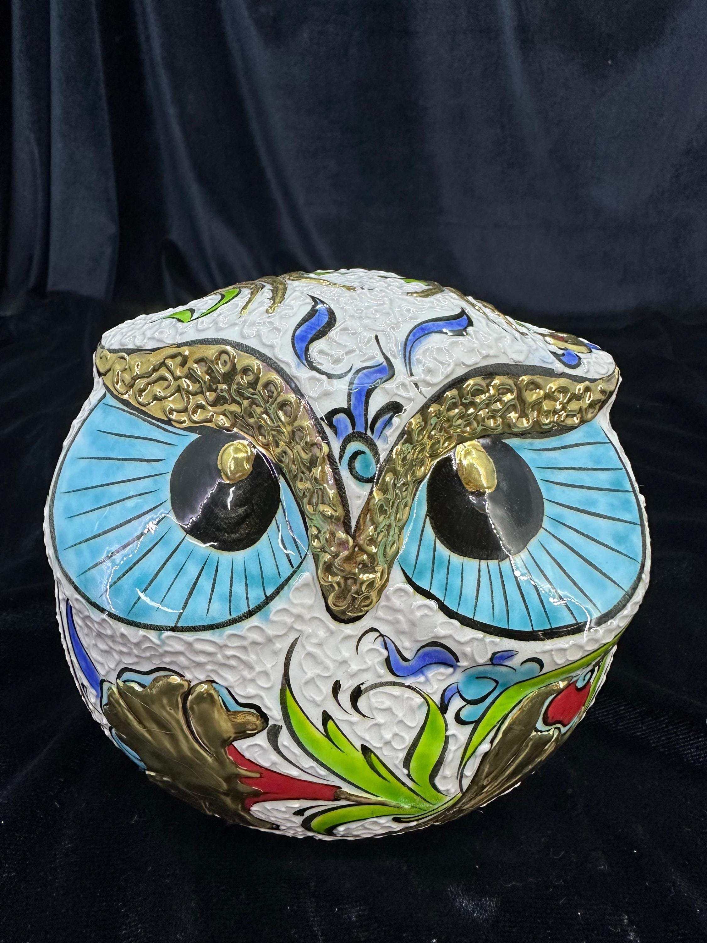 トルコ手描き陶器　動物の置き物（フクロウ） 手描きの陶器製フクロウの置物 | トルコ風のゴールド装飾のインテリア