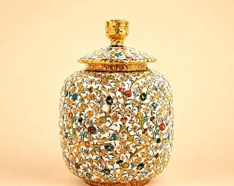 White Gold Turkish Ceramic Jar with Lid, Hand-Painted Floral Gold Accent Home Decor