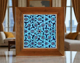 Handmade Ceramic Tile Wall Art, Blue Floral, Wooden Frame (10x10 cm)