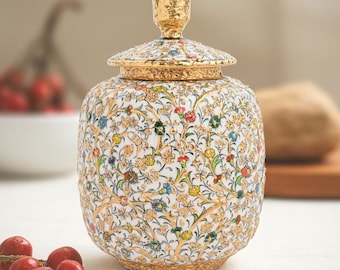 Hand Painted Turkish Ceramic Jar with 24K Gold, Luxury Floral Design Lidded Pot, Ottoman Style Decorative Gift