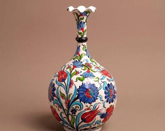 Handmade Turkish Floral Pottery, Hand Painted Decorative Blue White Ceramic Vase